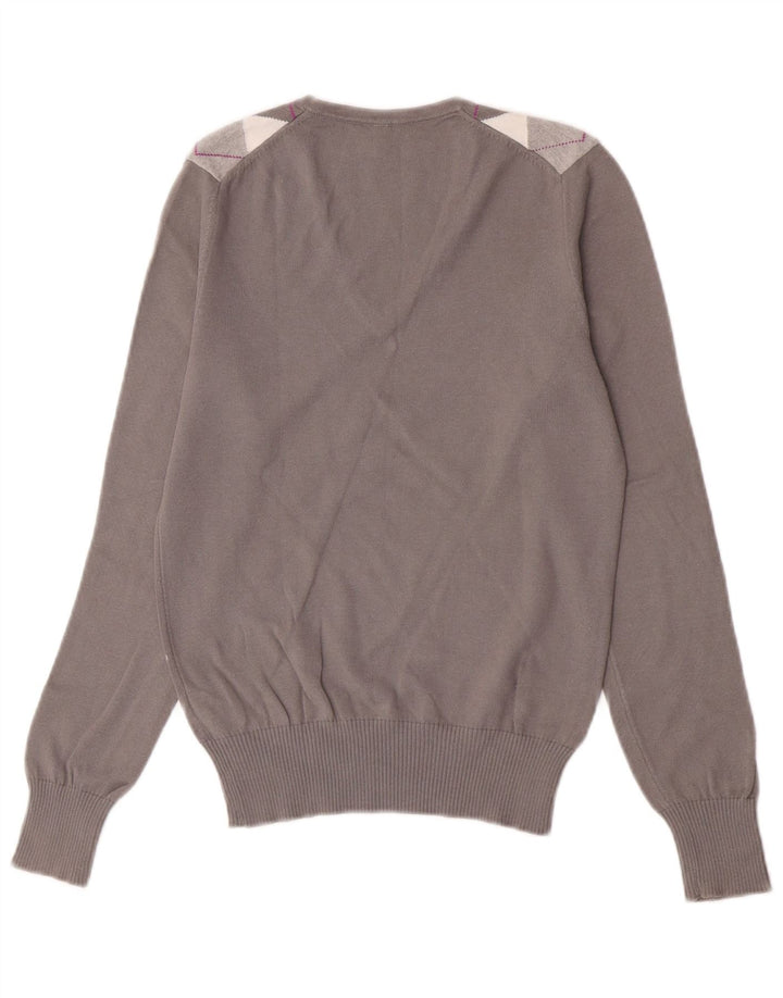 Benetton Dame V-hals sweater UK 10 Small Grey Argyle/Diamond