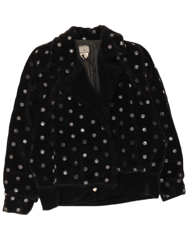 Vintage Kvinders Oversized Velvet Bomber Jacket UK 10 Small Black Polka Dot