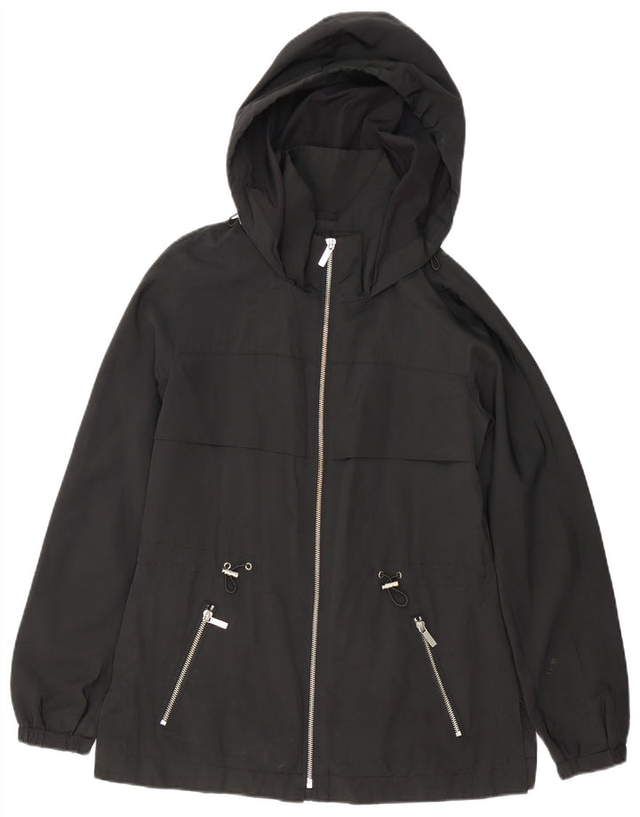 Zara Dame Hætte Oversized Windbreaker Jacket UK 6 XS Sort Polyester