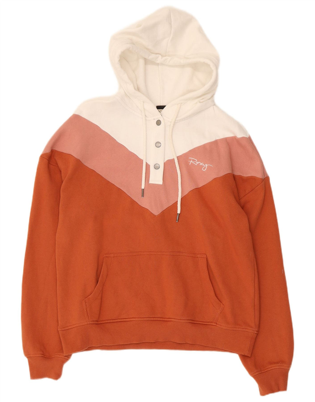 Roxy Dame Button Neck Hoodie Jumper UK 14 Medium Orange Colourblock