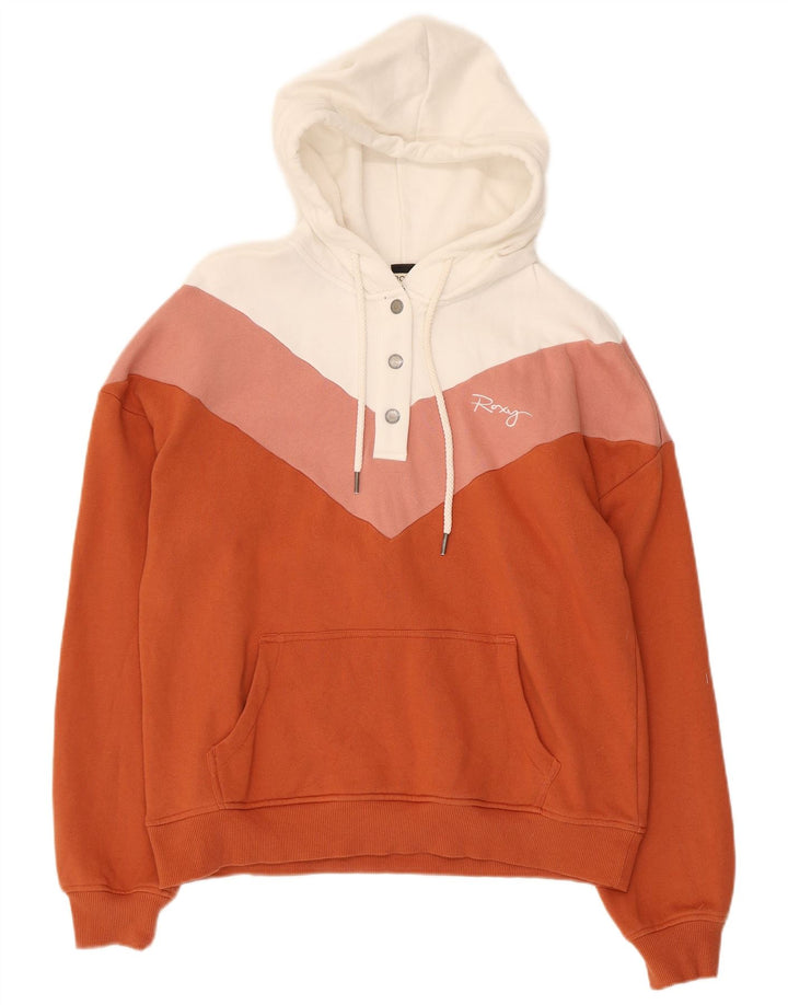 Roxy Dame Button Neck Hoodie Jumper UK 14 Medium Orange Colourblock