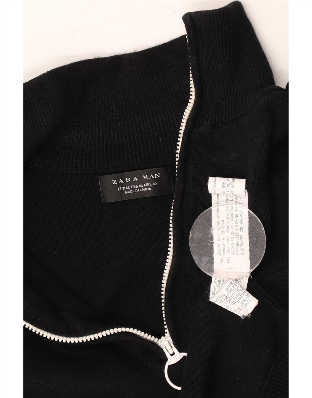 Zara Herre Zip Neck Jumper Sweater Medium Sort Colourblock Bomuld