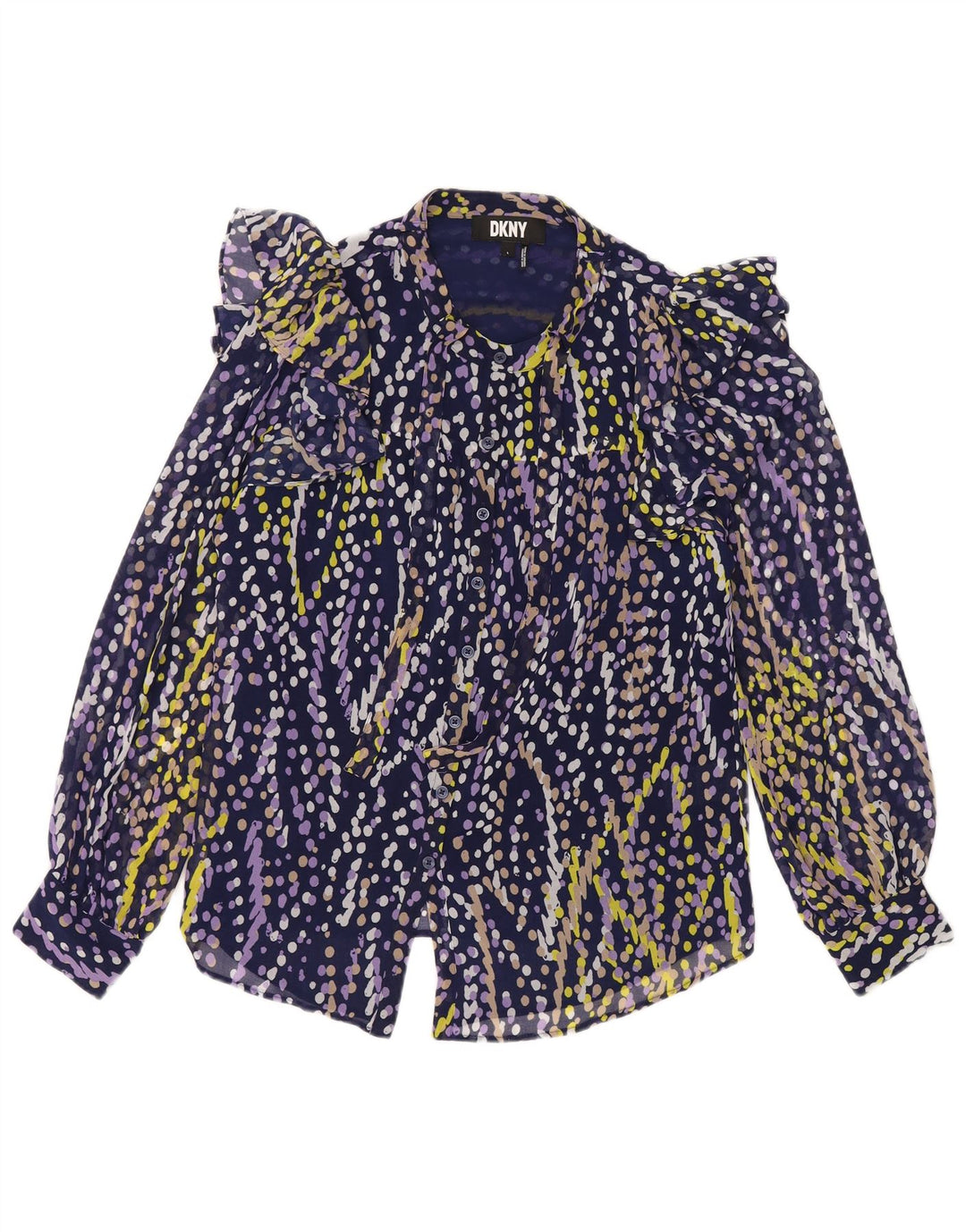 Dkny Dame Flæse Front Skjorte Bluse UK 16 Large Navy Blue Spotted