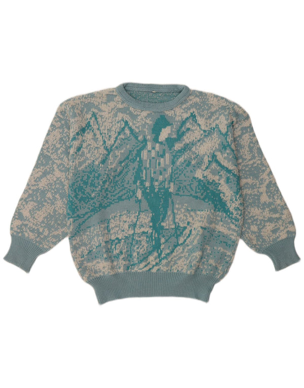 Vintage kvinders abstrakt mønster rund hals sweater UK 16 stor blå