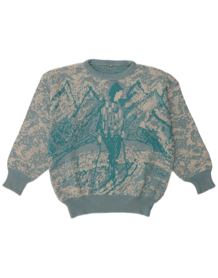 Vintage kvinders abstrakt mønster rund hals sweater UK 16 stor blå