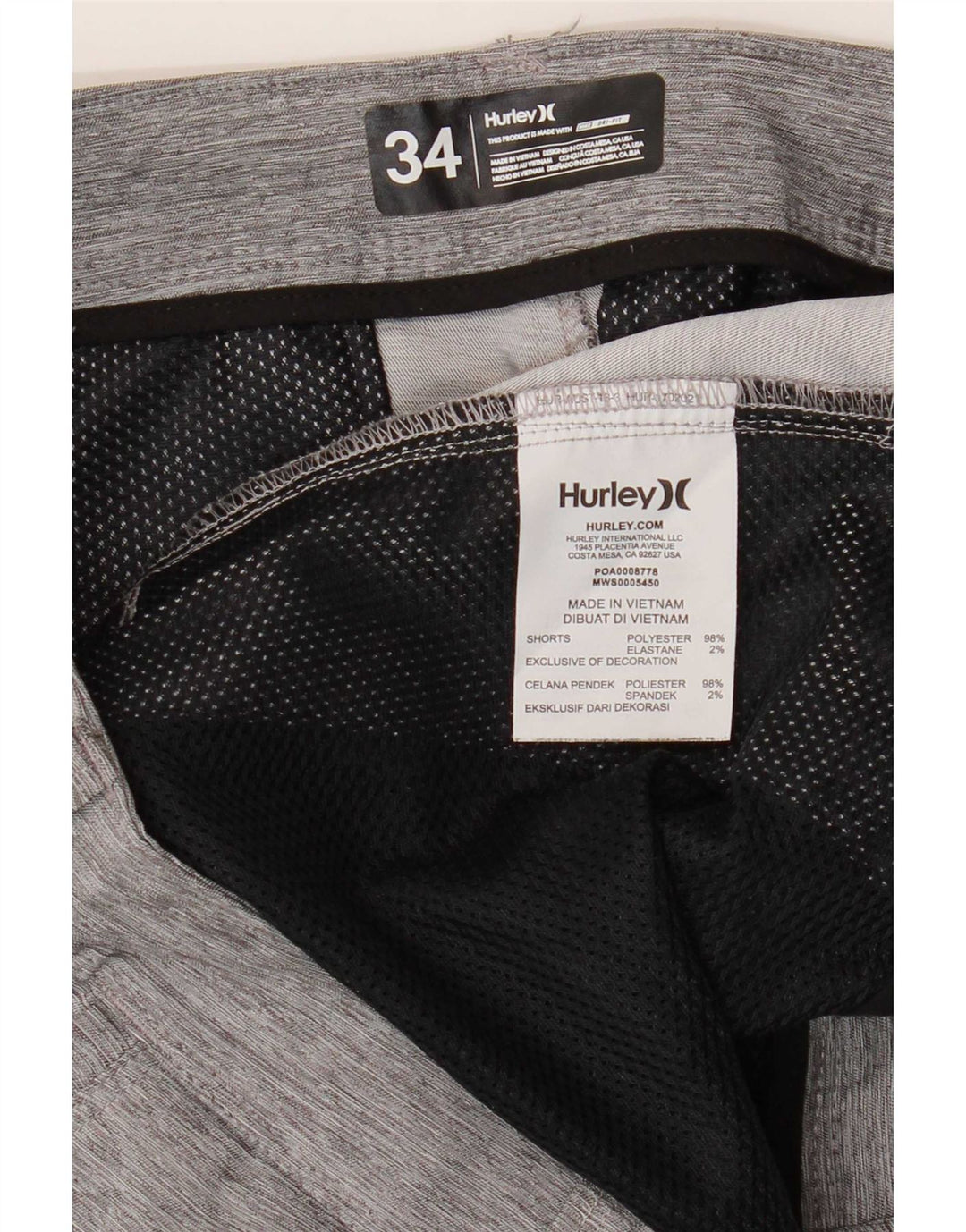 Hurley Herre Chino Shorts Large W34 Grå Flecked Polyester