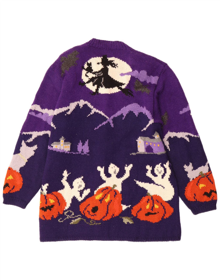 VINTAGE grafisk cardigan sweater til kvinder UK 20 2XL Lilla Colourblock Uld