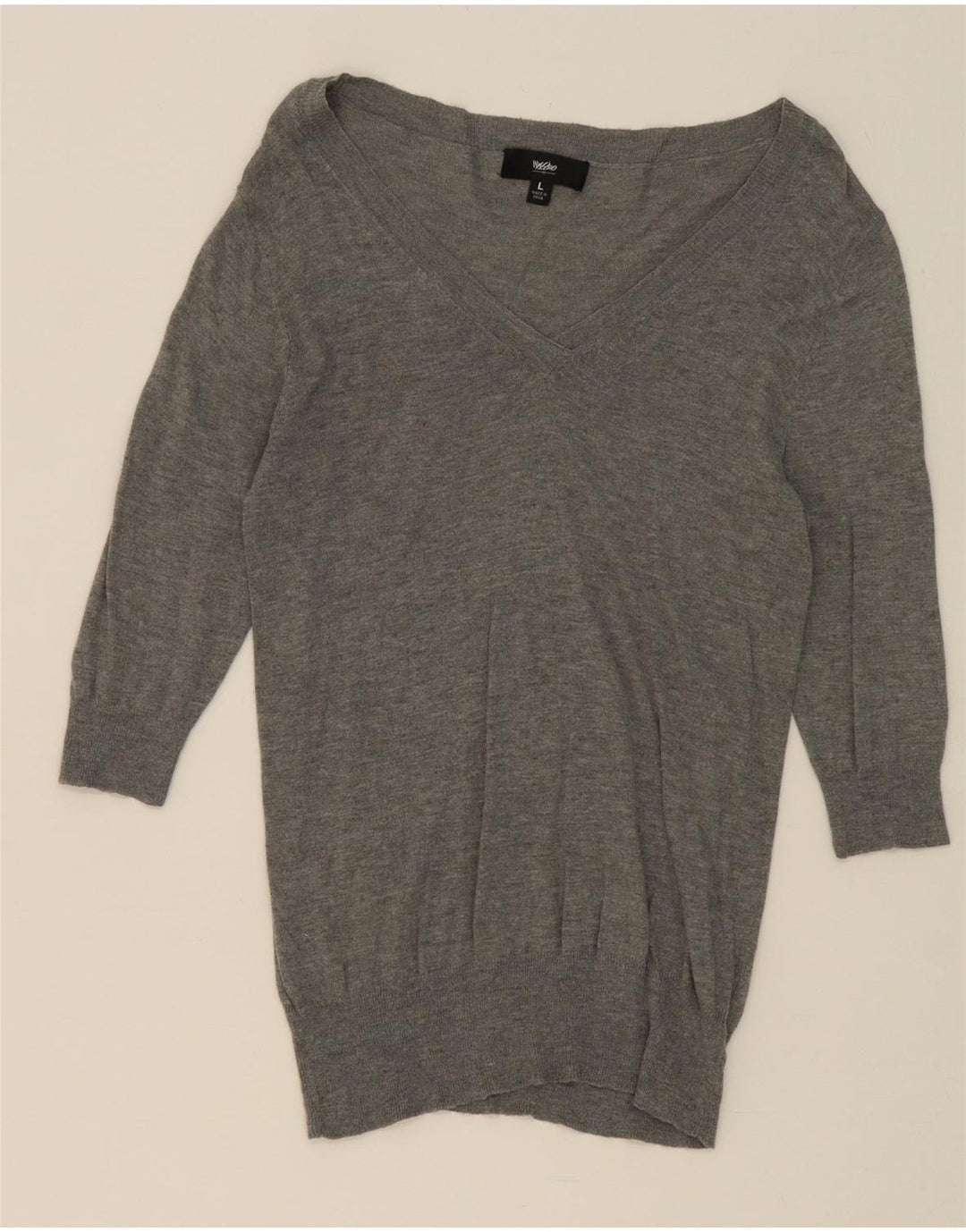 MOSSIMO Womens 3/4 Sleeve V-Neck Jumper Sweater UK 14 Large Grey Nylon Vintage Mossimo and Second-Hand Mossimo from Messina Hembry 