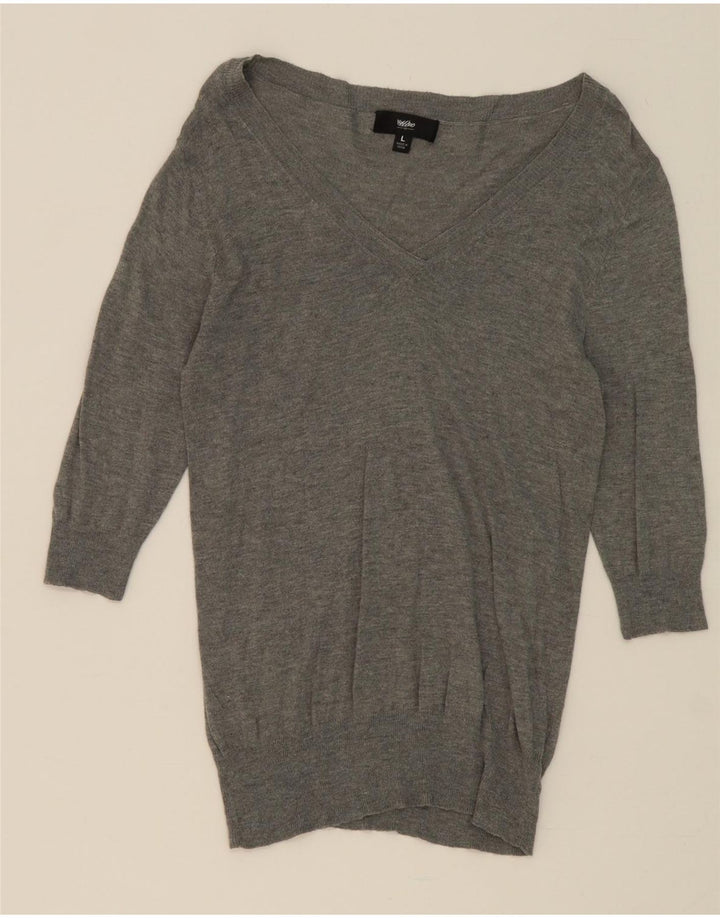 MOSSIMO Womens 3/4 Sleeve V-Neck Jumper Sweater UK 14 Large Grey Nylon Vintage Mossimo and Second-Hand Mossimo from Messina Hembry 