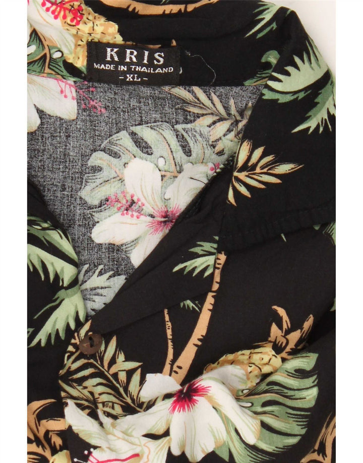 Vintage Kortærmet Herreskjorte Medium Sort Floral Viscose Hawaiian
