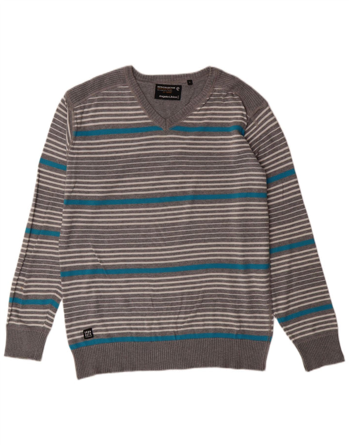 ANGELO LITRICO Herre V-hals sweater Stor Grå Stribet
