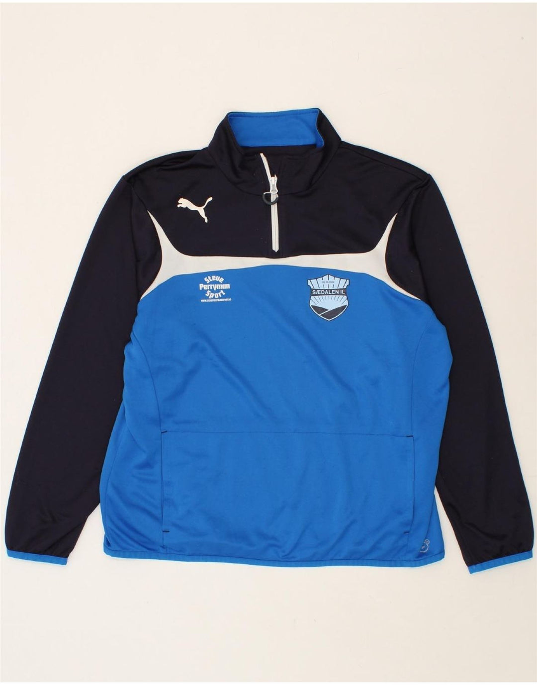 PUMA Mens Graphic Zip Neck Sweatshirt Jumper XL Blue Colourblock Vintage Puma and Second-Hand Puma from Messina Hembry 