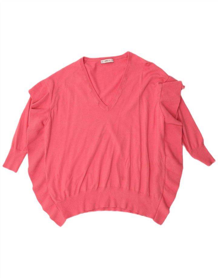 Zara Dame 3/4 ærmet oversized V-hals sweater UK 14 Medium Pink