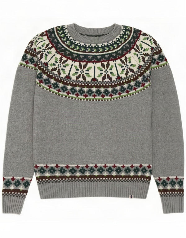 Bellfield Mens Crew Neck Jumper Sweater Large Grey Fair Isle Acrylic