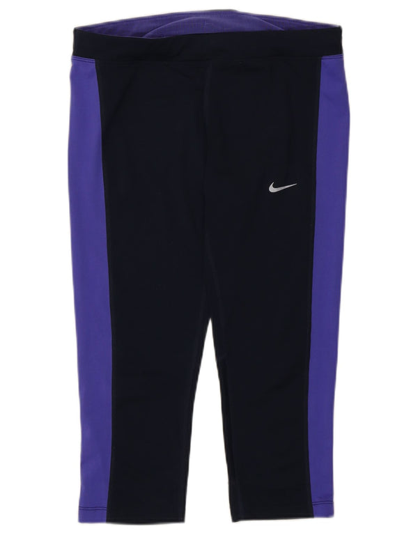 Nike Dame Dri Fit Capri Leggings UK 12 Medium Navy Blue Colourblock