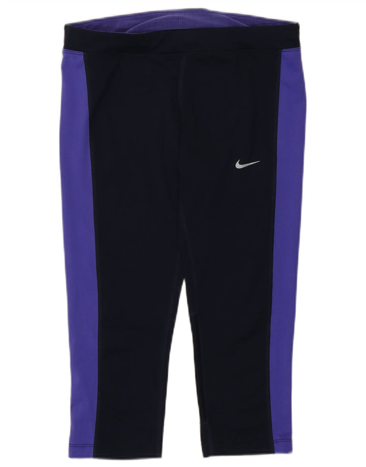 Nike Dame Dri Fit Capri Leggings UK 12 Medium Navy Blue Colourblock