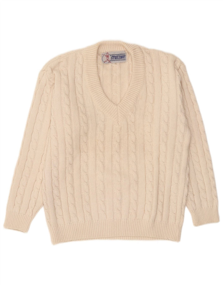 Vintage Herre V-hals sweater Medium Off White Akryl