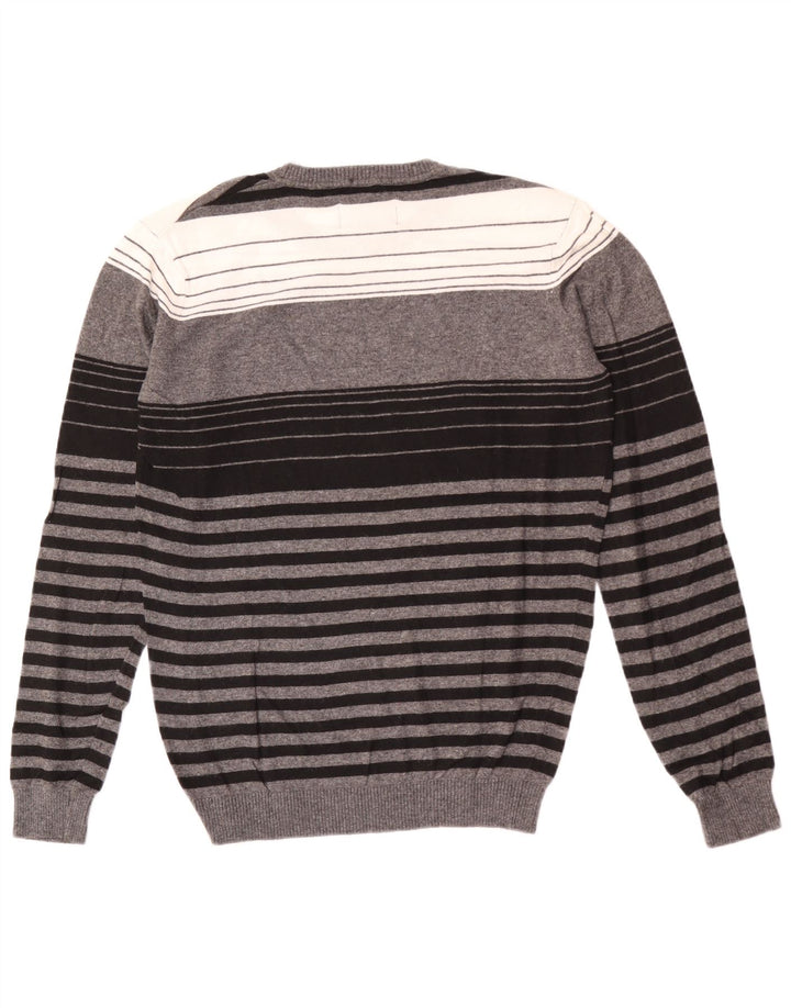 Tres mænds rund hals sweater mellem grå stribet viskose