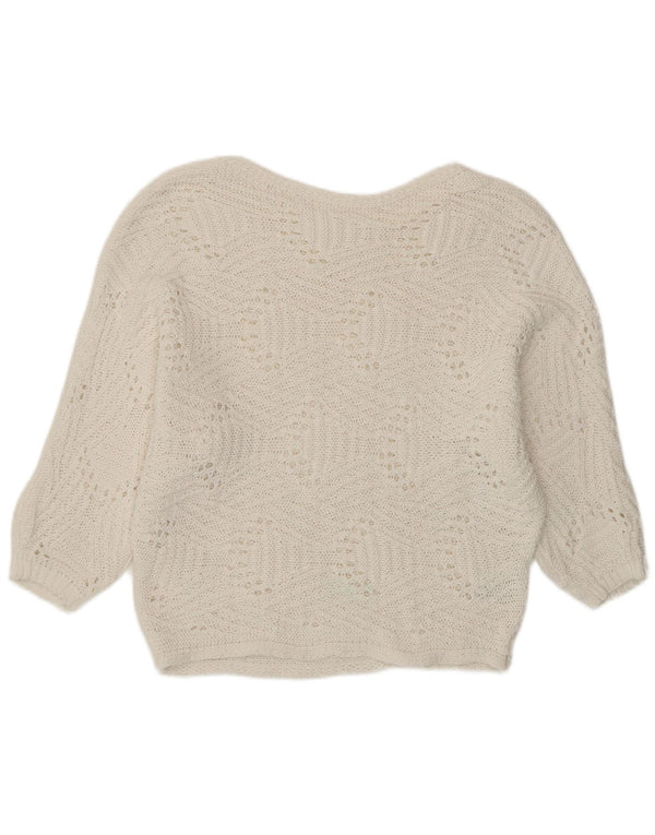 Vintage Womens Crop 3/4-ærmet bådhalstrøje DK 14 Stor hvid