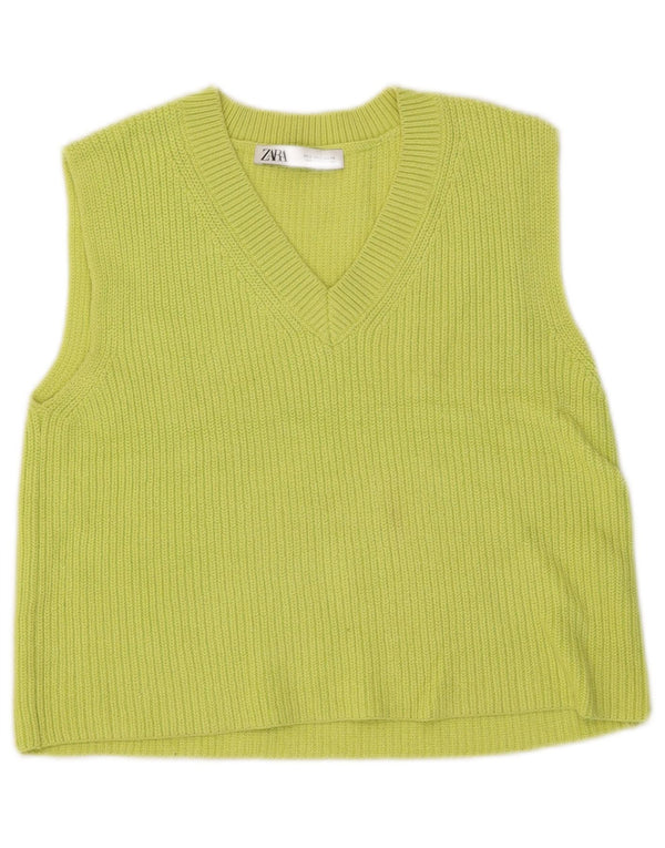 Zara Dame Crop Vest Tank Top UK 10 Small Green Cotton