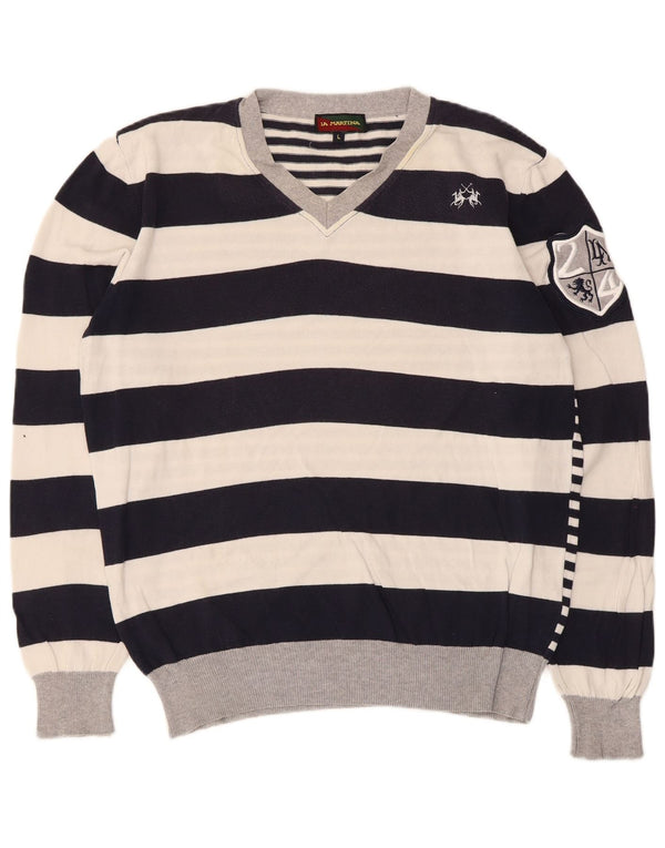 La Martina Dame Grafisk V-hals Jumper Sweater UK 16 Stor Hvid Stribet