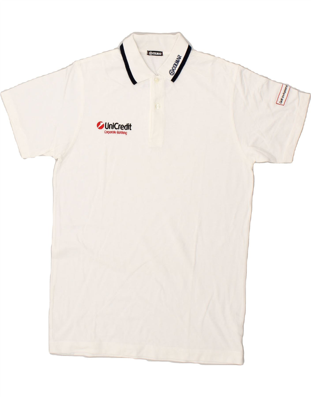 COLMAR Mens Graphic Polo Shirt Small White Cotton Vintage Colmar and Second-Hand Colmar from Messina Hembry 