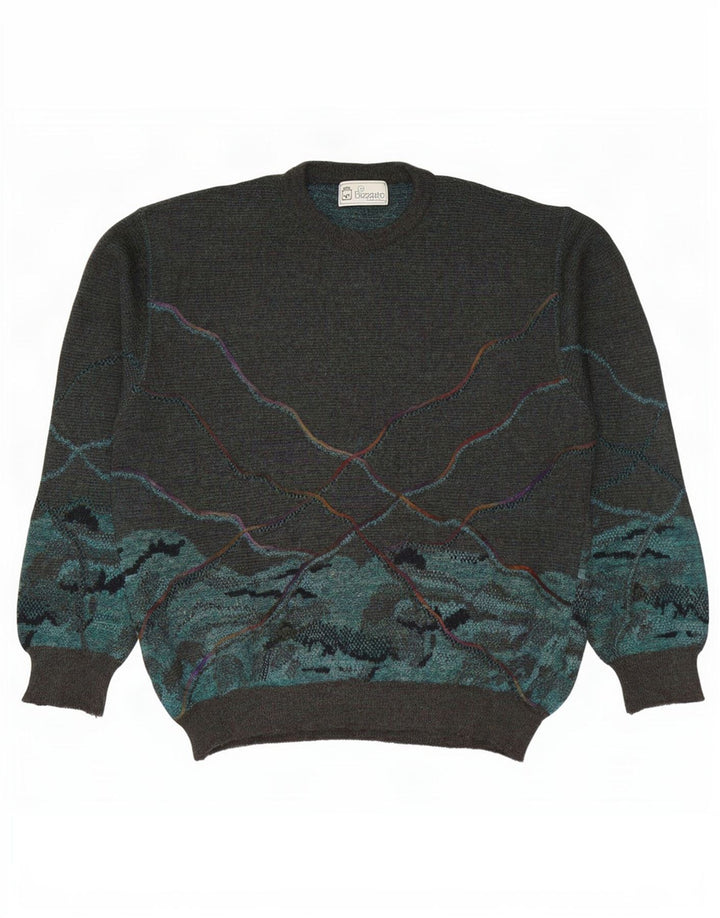 Bizzarro Herre Grafisk Crew Neck Jumper Sweater IT 50 Medium Green Wool
