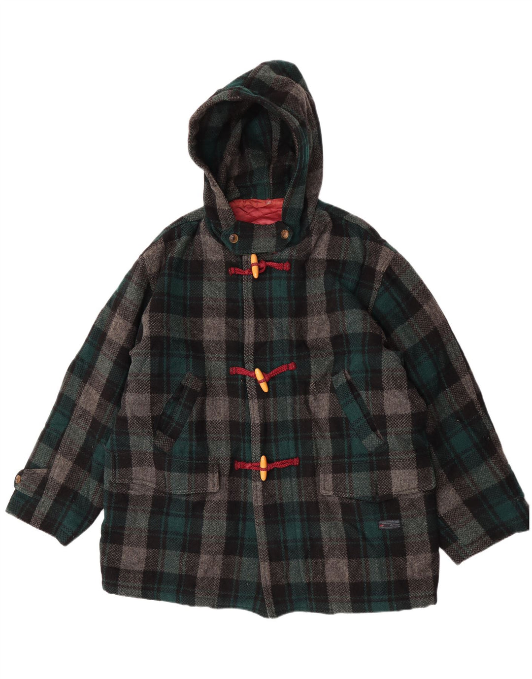 Enrico Coveri Dame Hooded Duffel Coat IT 44 Medium Green Check Wool