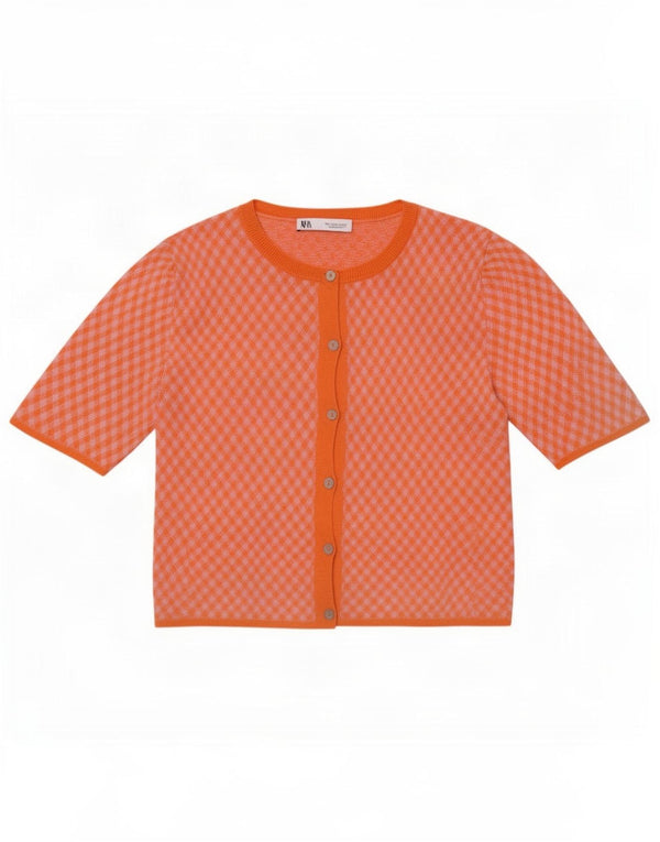 Zara Womens Crop Kortærmet Cardigan Sweater UK 10 Small Orange Check