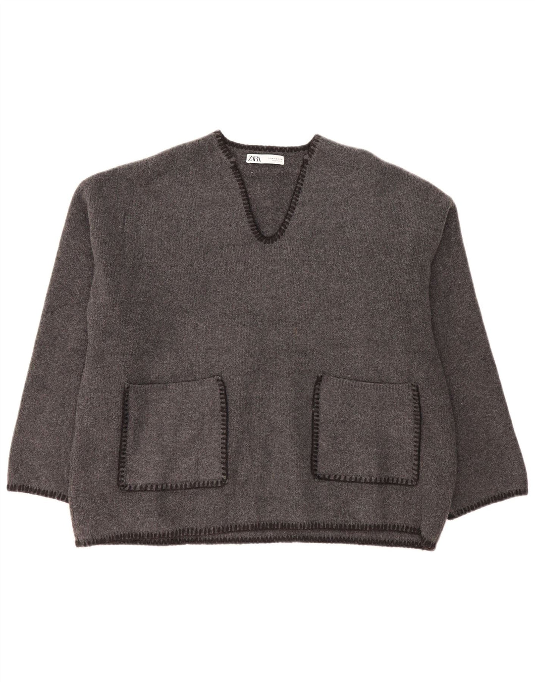 Zara Womens Oversized V-hals sweater UK 14 Medium Grey Polyester