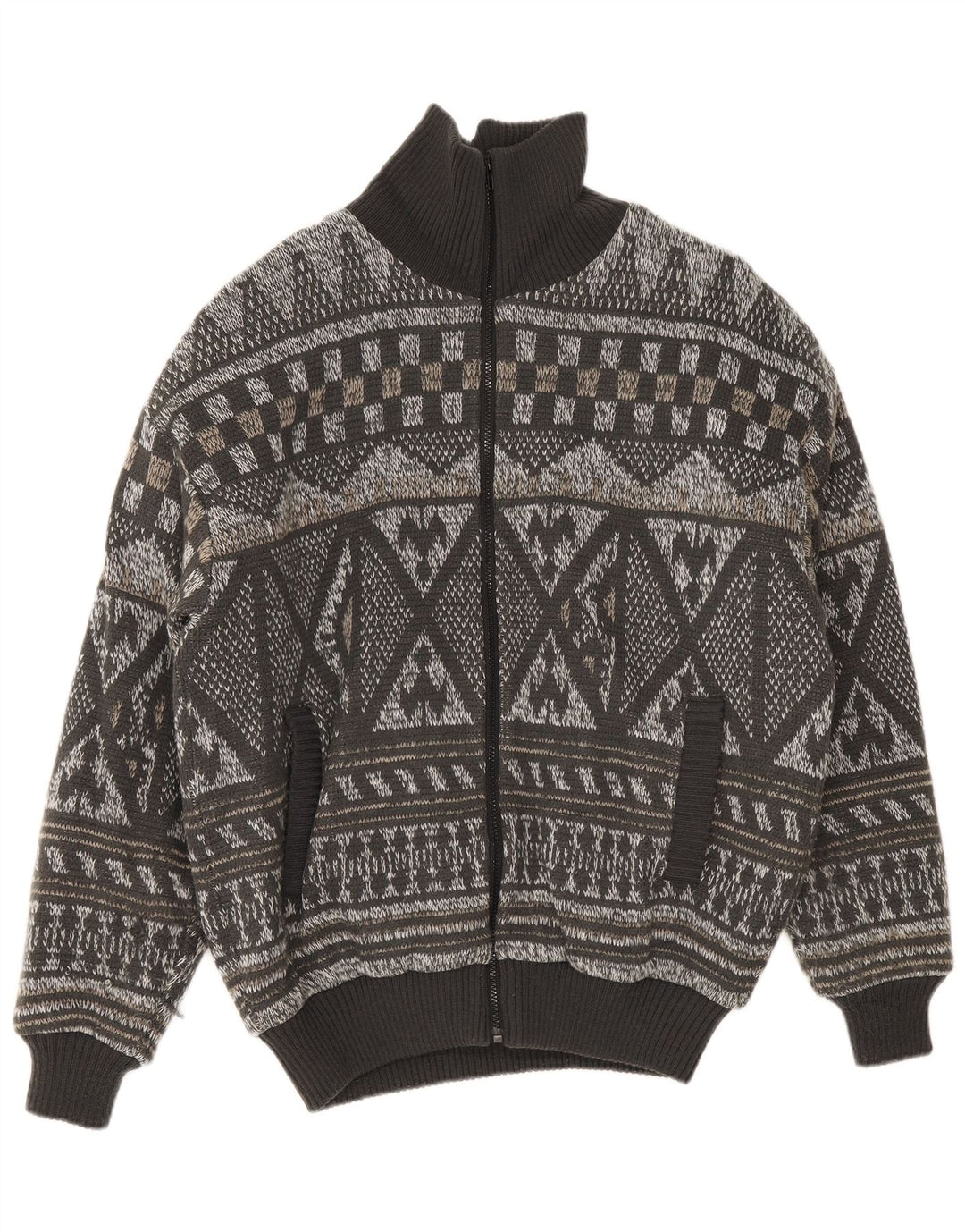 Vintage Strik Bomber Jacket IT 52 XL Grå Fair Isle Polyacryl