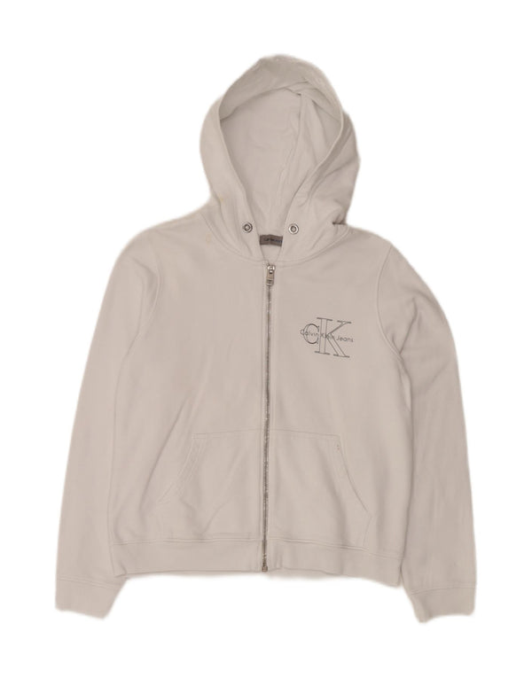 CALVIN KLEIN JEANS Grafisk hættetrøje med lynlås til kvinder UK 10 Small White