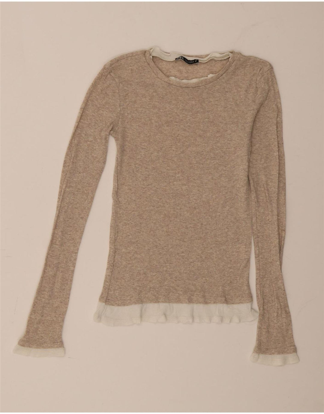 Zara Dame Top Langærmet UK 8 Small Beige Colourblock Bomuld