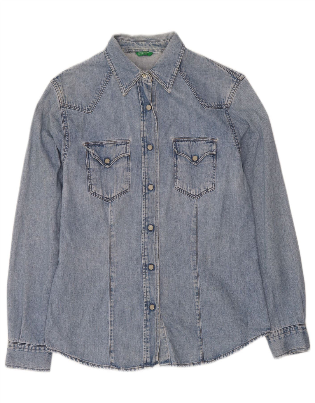 BENETTON Dame Denim Shirt UK 14 Medium Blue Bomuld