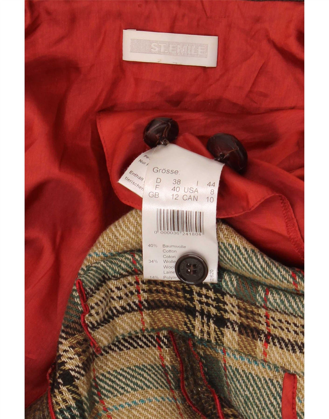 ST. Emile Dame Dobbeltradet Frakke UK 12 Medium Khaki Ternet Bomuld