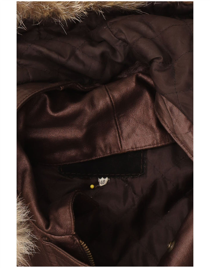 Vintage oversize læderjakke med hætte til kvinder IT 48 XL Brun