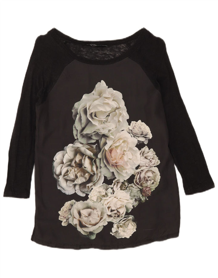 Zara Dame Grafisk Top 3/4 ærme UK 12 Medium Sort Blomster