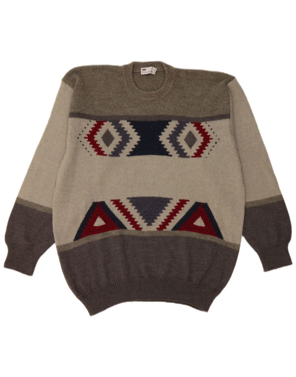 Pierre Monet Herre Crew Neck Jumper Sweater XL Grå Geometrisk Virgin Wool