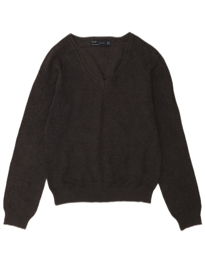 Zara Dame V-hals sweater UK 12 Medium Grå Bomuld