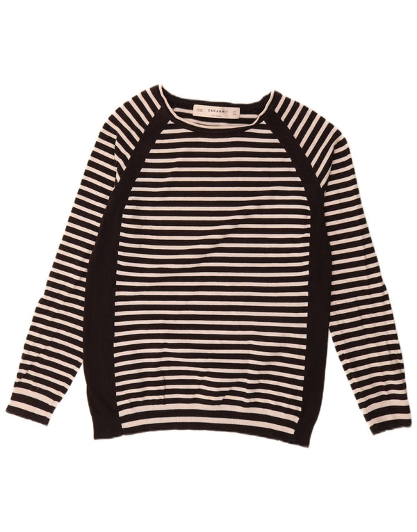 Zara Dame Boat Neck Jumper Sweater UK 14 Stor Sort Stribet