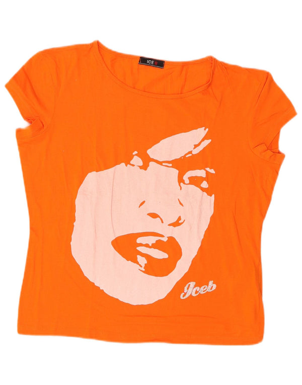 Iceberg Dame Grafisk T-Shirt Top UK 18 XL Orange Bomuld