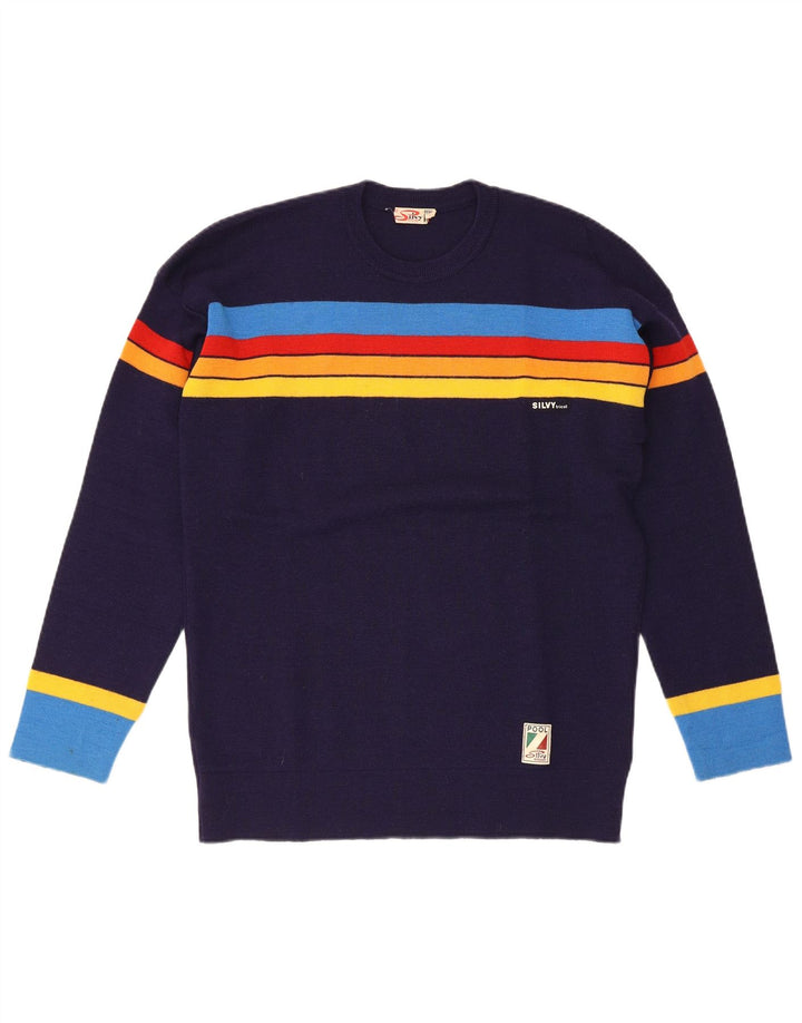 Silvy Herre rund hals sweater IT 52 Stor marineblå stribet ny uld