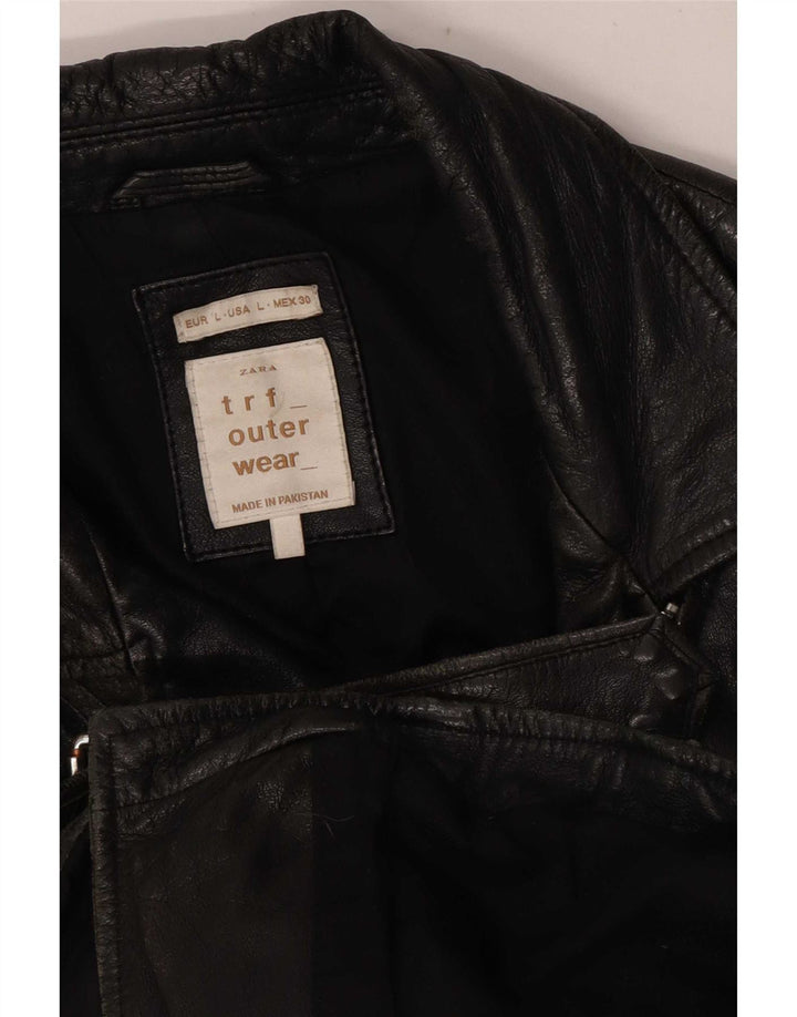 Zara Womens Crop Læder Biker Jacket UK 16 Large Black