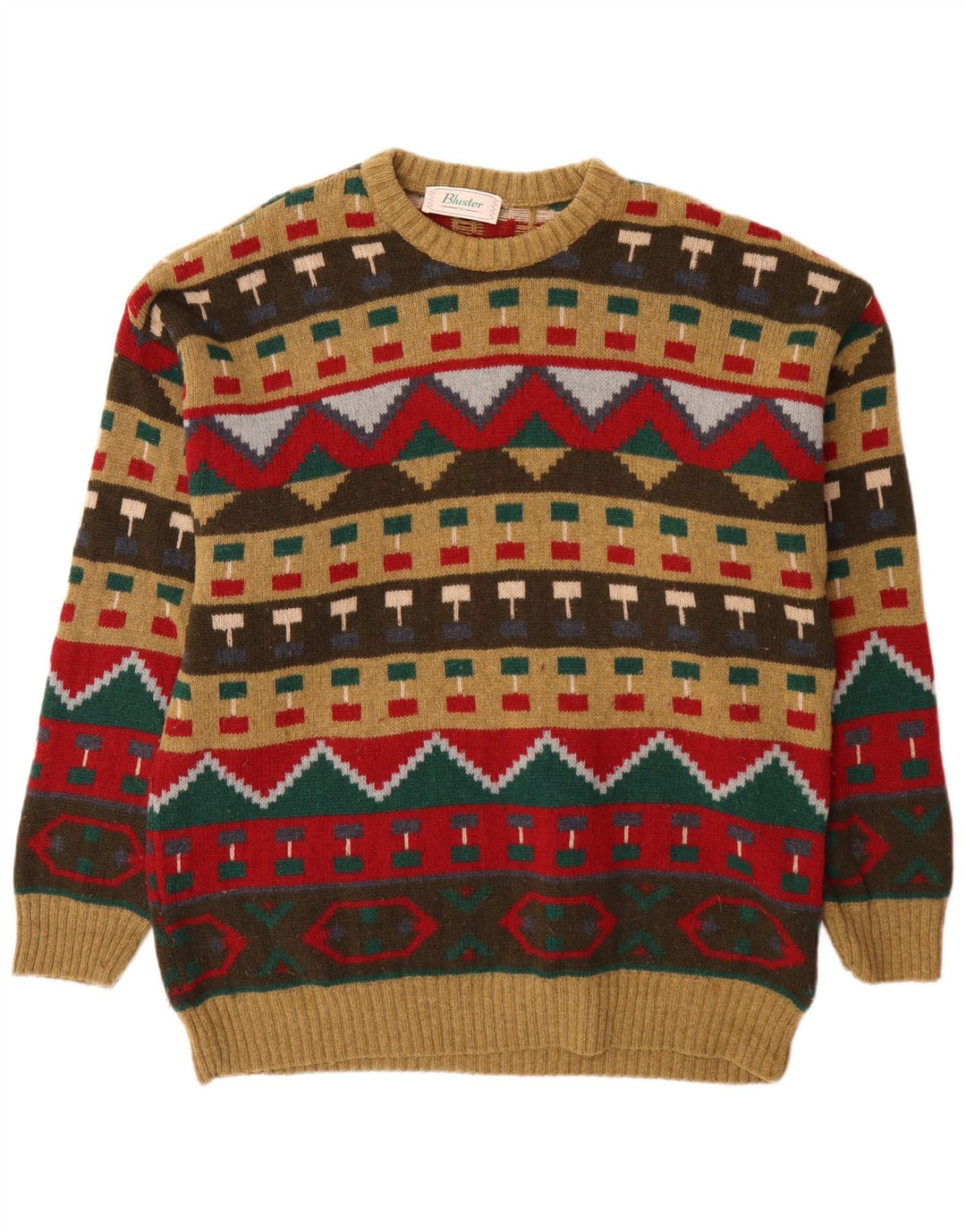Bluster Herre Crew Neck Jumper Sweater IT 52 Stor brun geometrisk uld