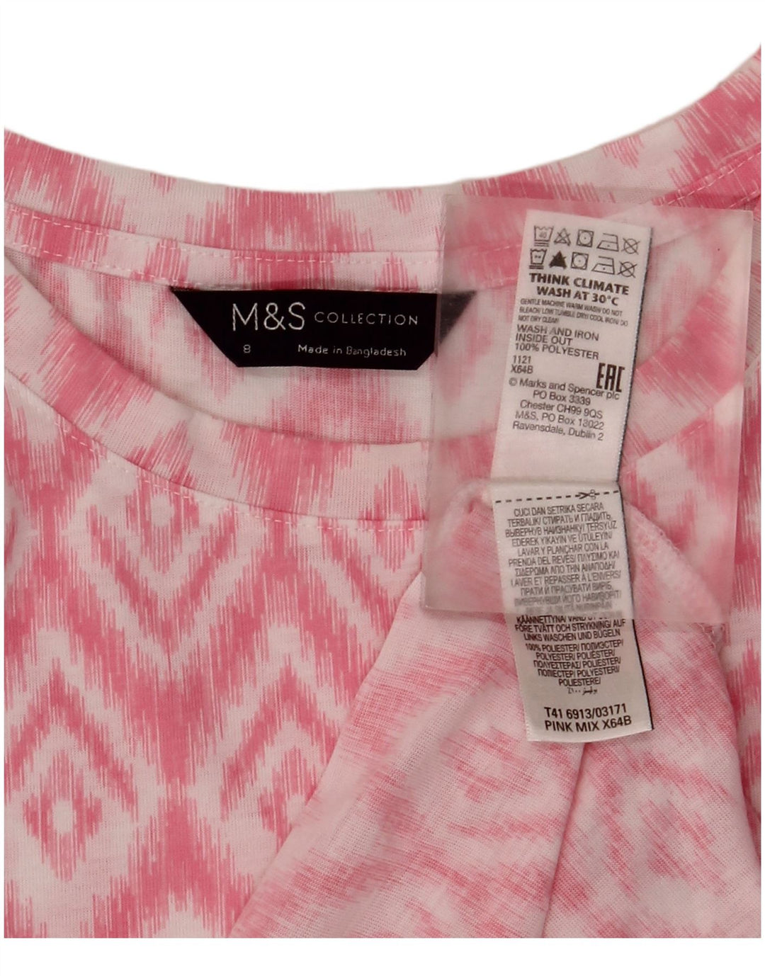 Marks & Spencer Dame ærmeløs bluse Top UK 8 Small Pink Ikat Polyester