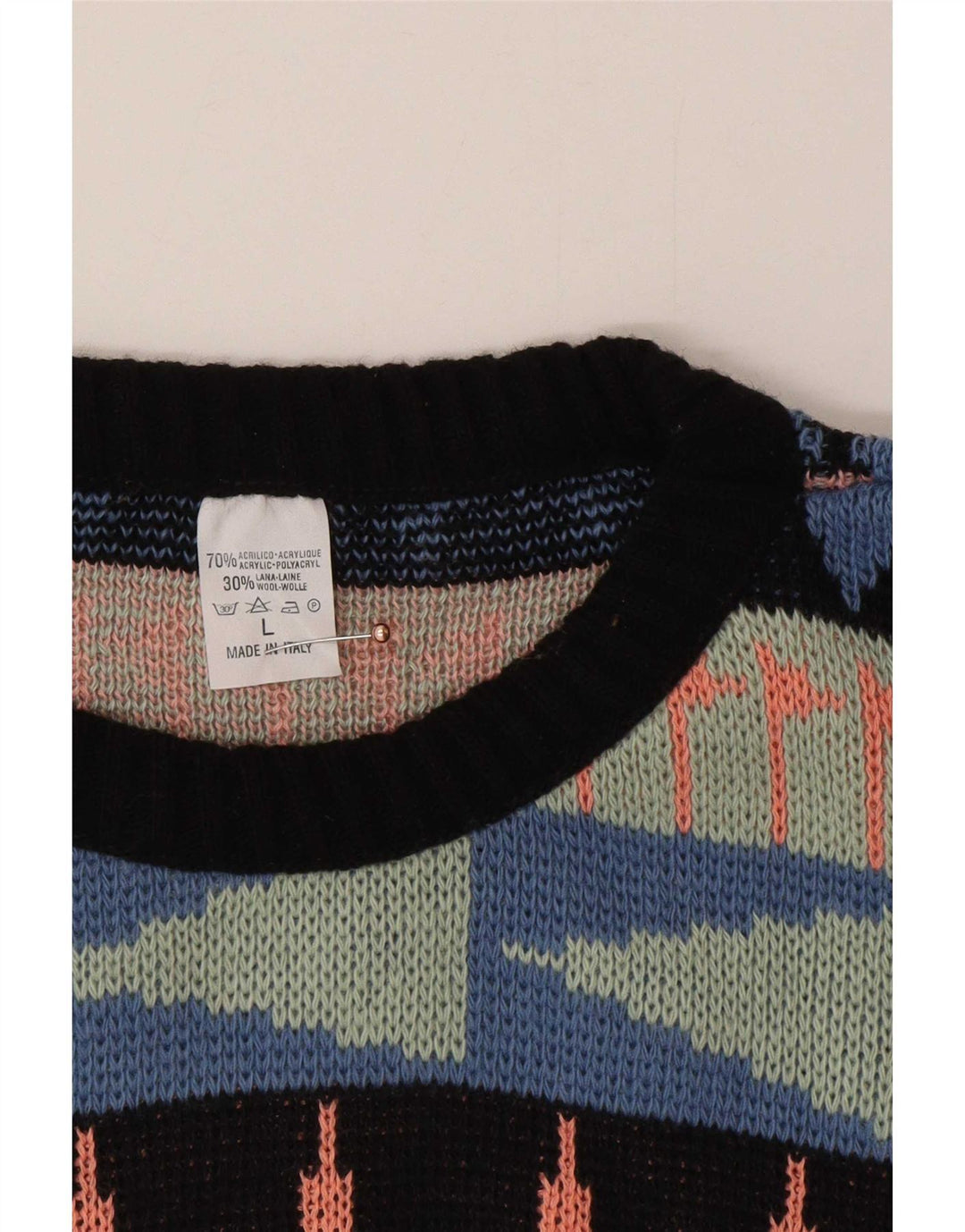 Vintage herre rund hals sweater stor flerfarvet geometrisk akryl