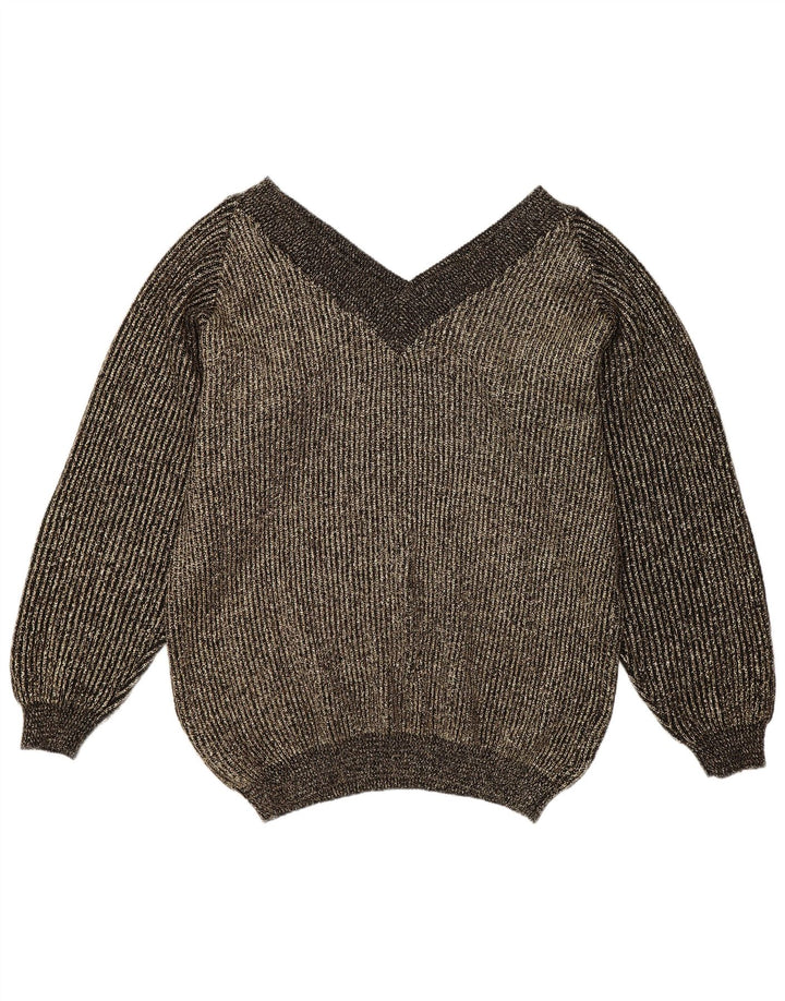 Vintage Dame Oversized V-hals sweater EU 40 Medium Gold Flecked