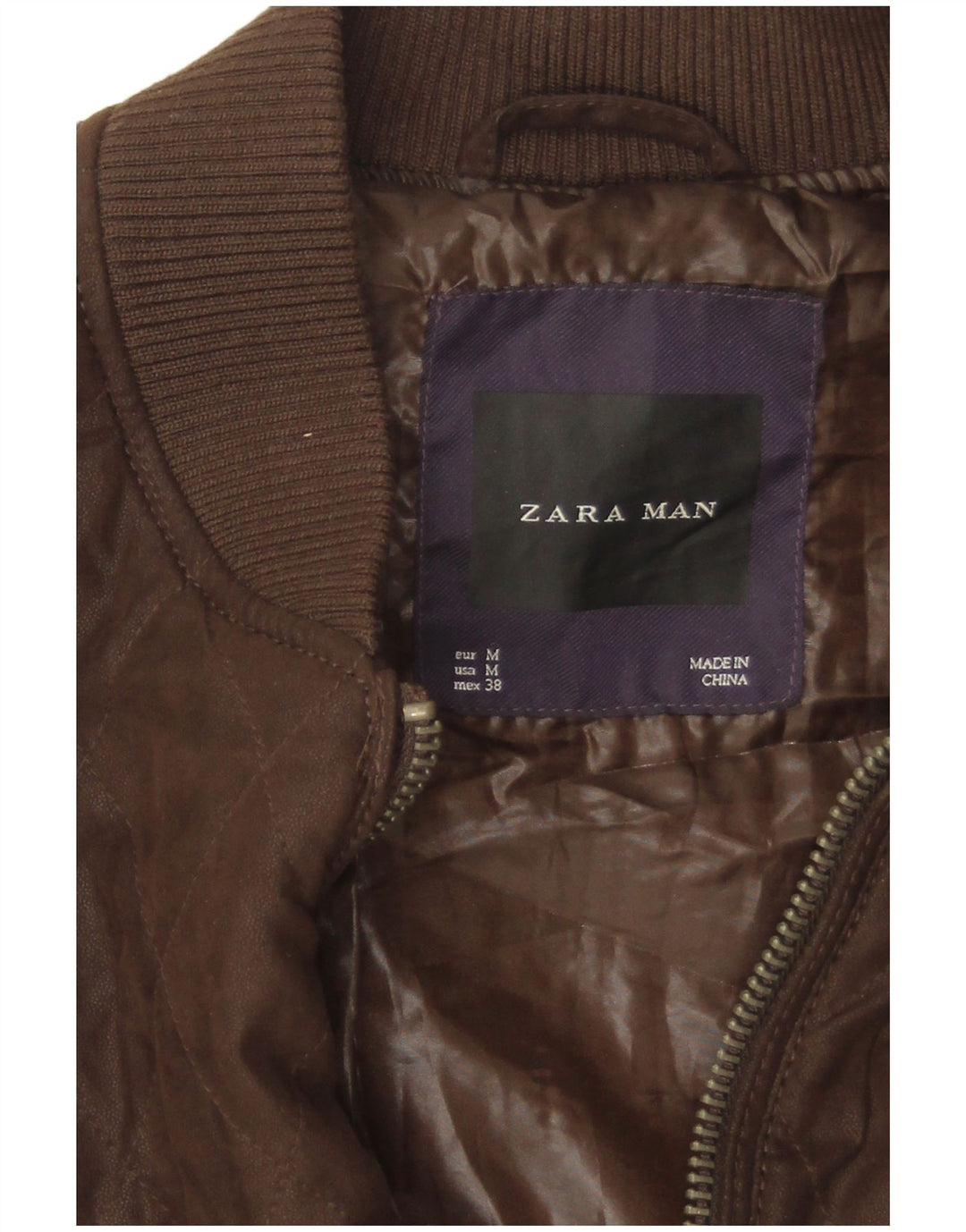 Zara Herre Quiltet Bomber Jacket UK 38 Medium Brun Polyester