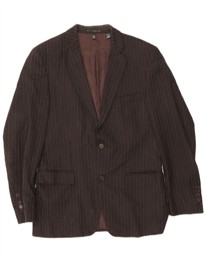 Zara Herre 2-knaps blazerjakke EU 50 Medium Brown Pinstripe Rayon