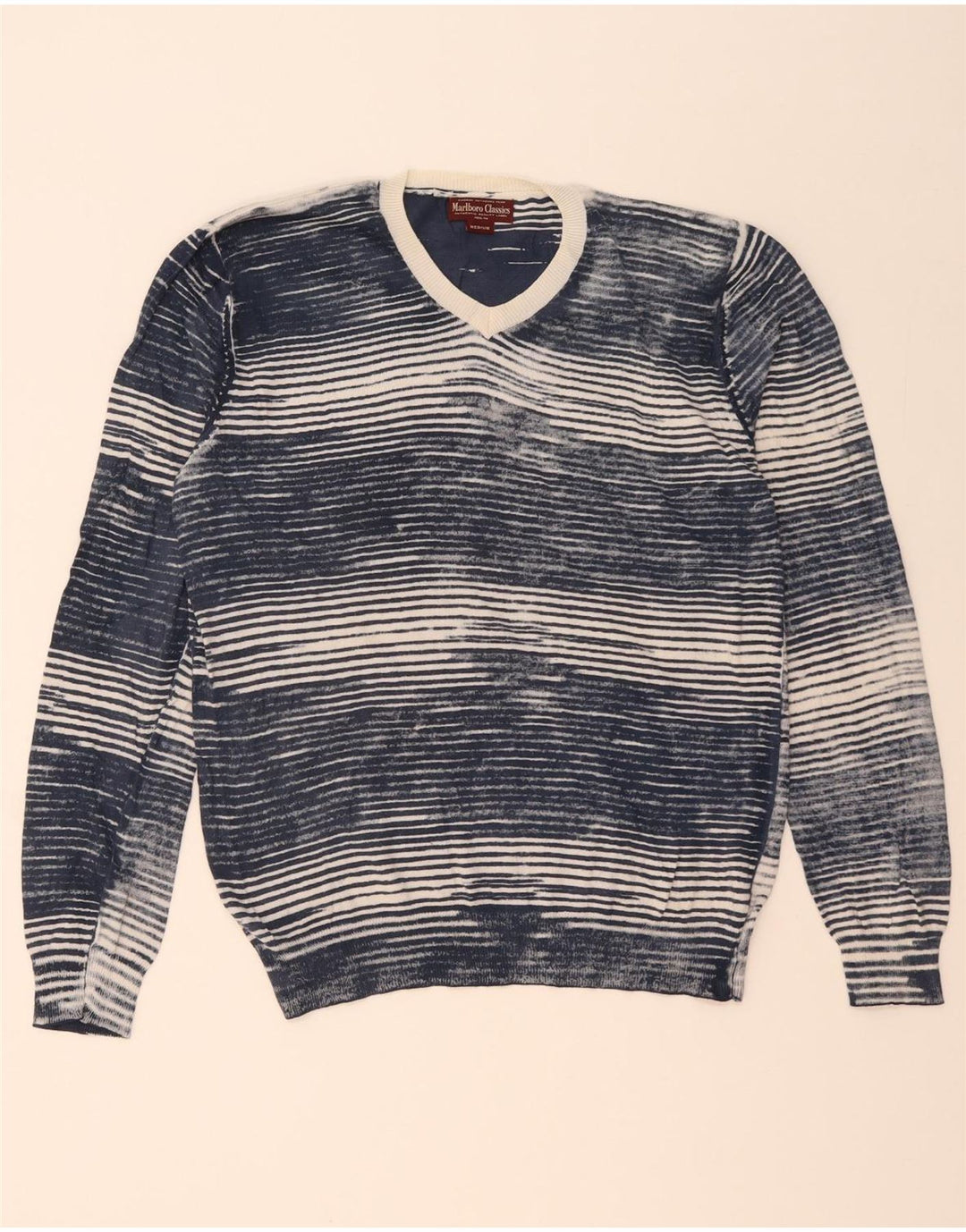Marlboro Classics Herre V-hals sweater Medium Navy Blue Nålestribe